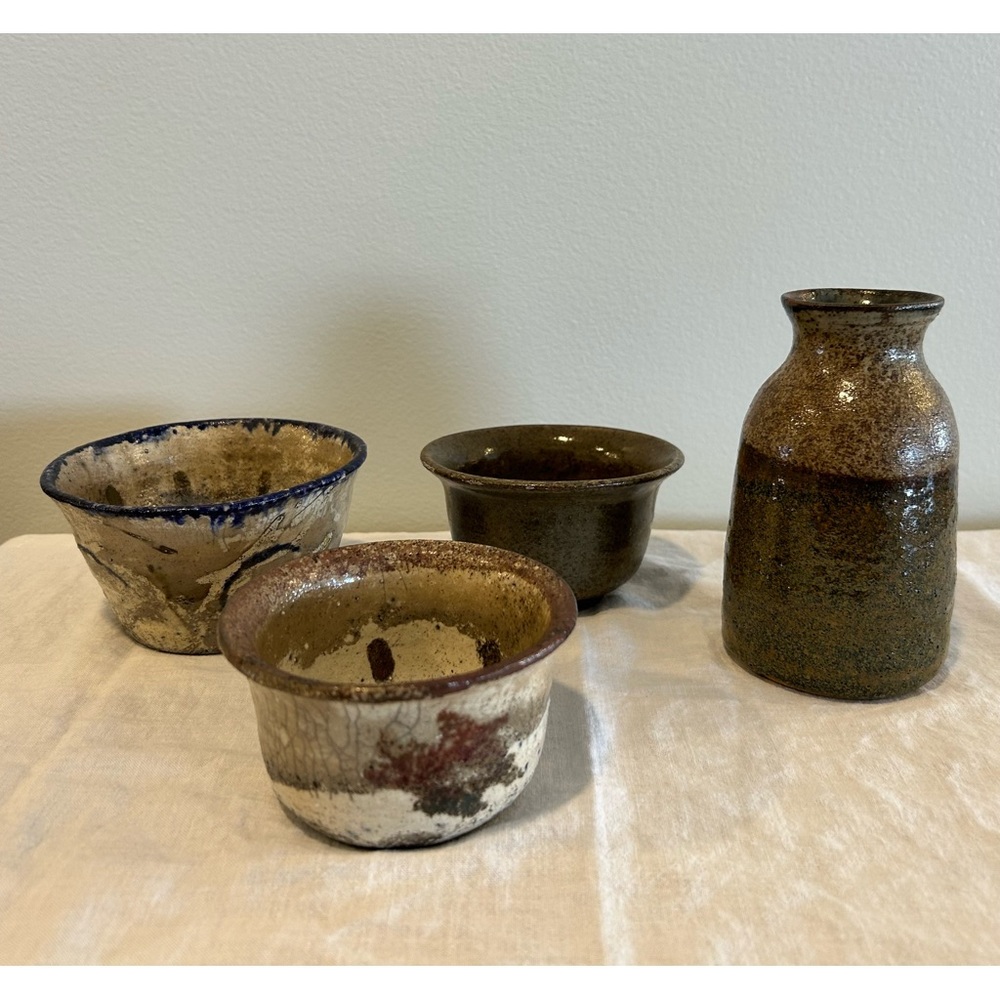 Vintage HandMade Pottery Vase & 3 Bowls Signed Primitive Rustic Southwest ‘80-81